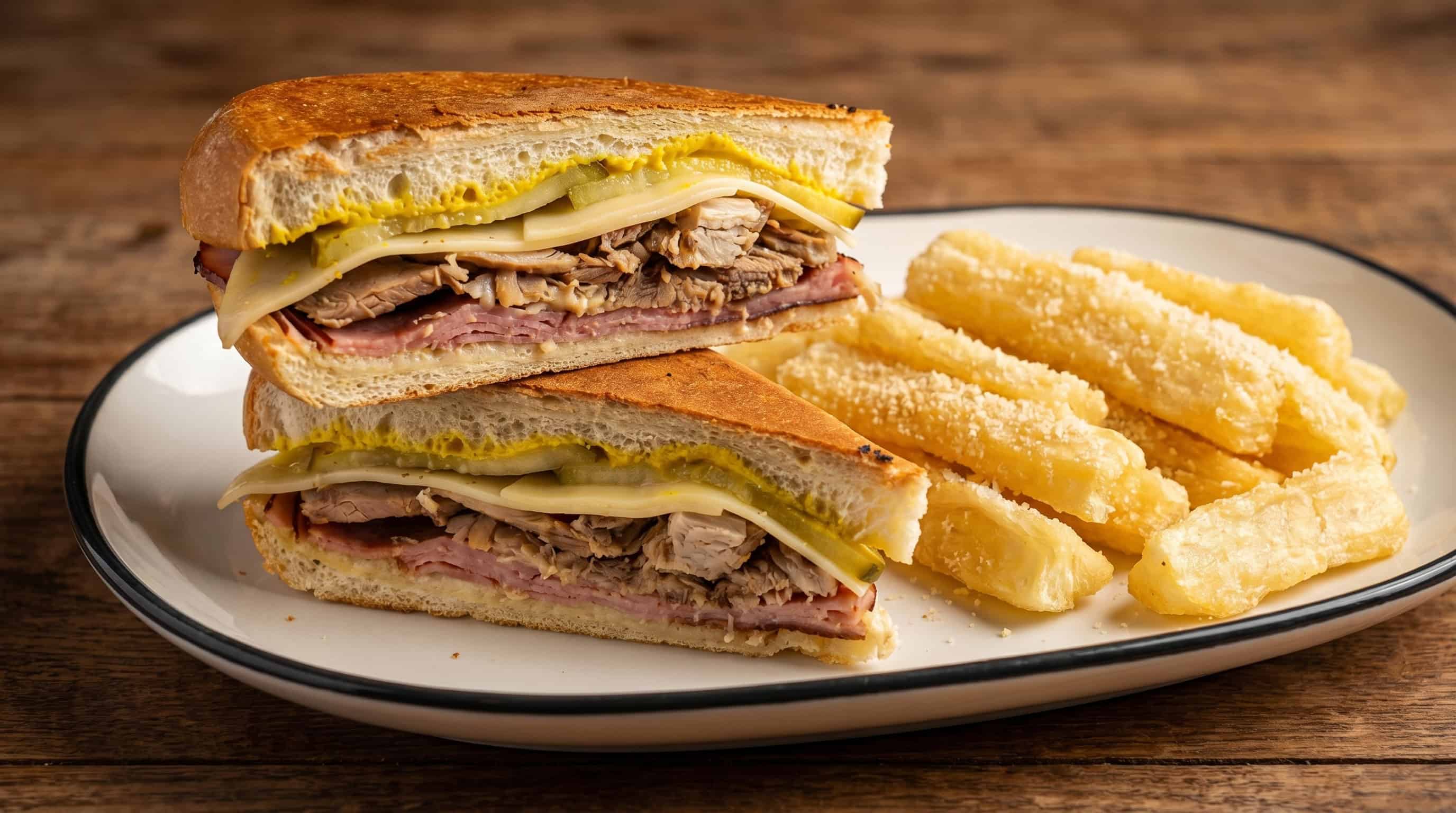 Classic Cuban sandwich stacked with roast pork, ham and pickles served with yuca fries