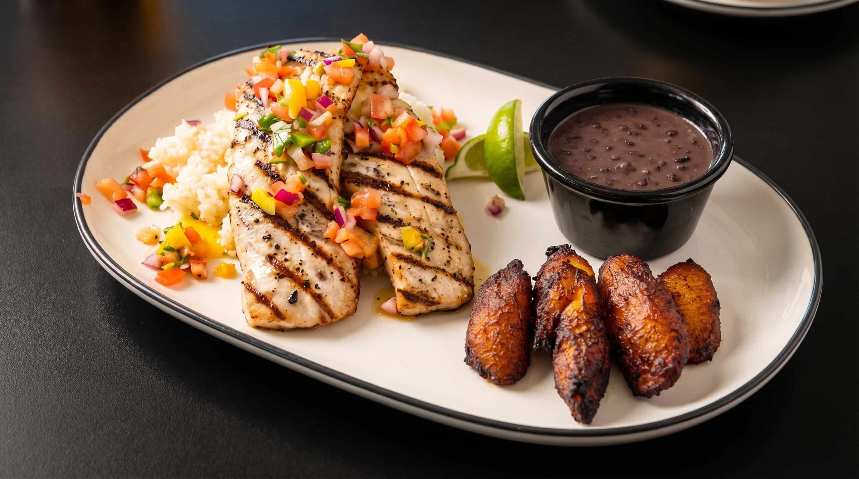 Grilled fish with rice, pico de gallo, sweet plantains and black beans